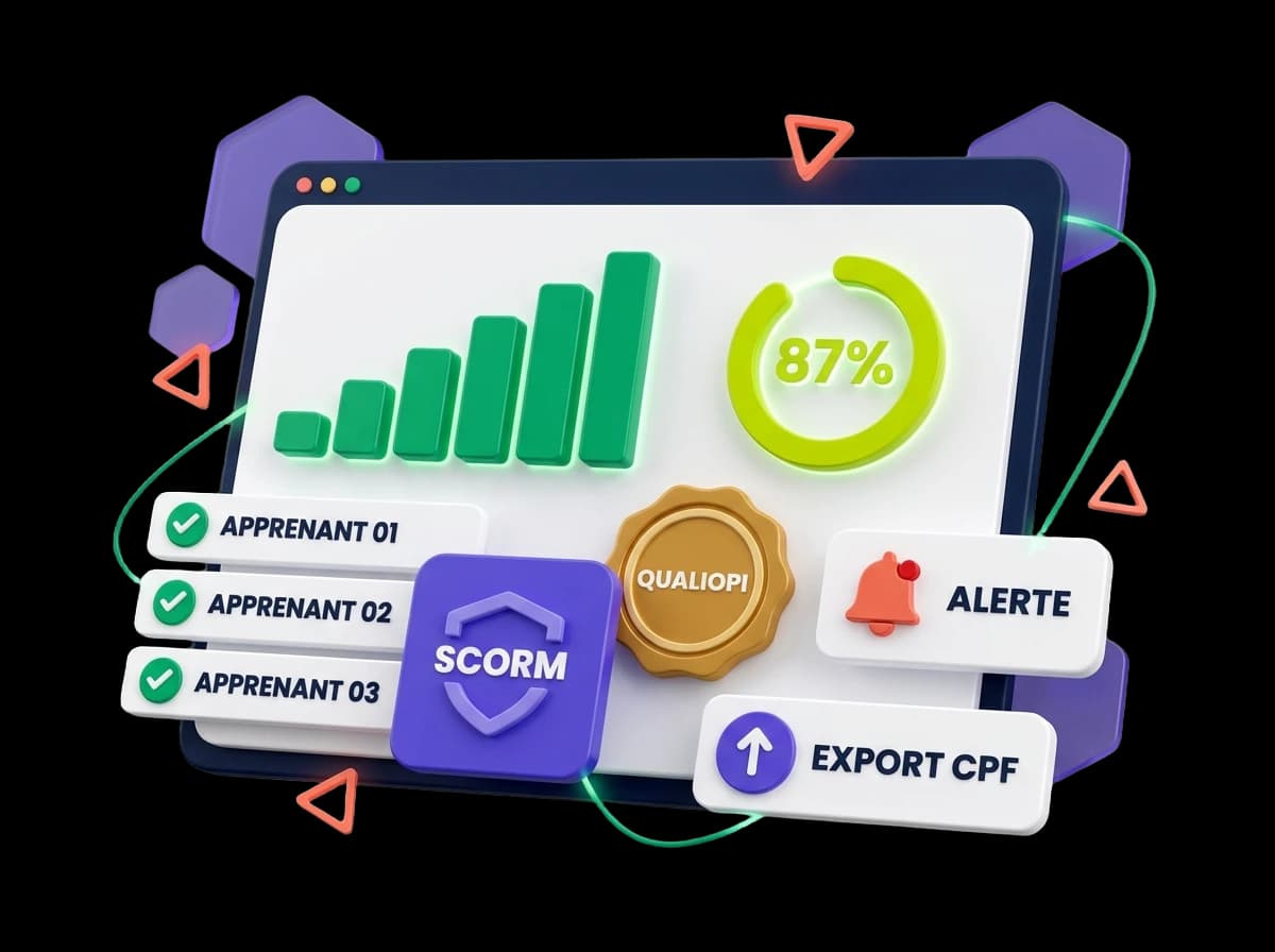 Dashboard tracking avec temps de connexion, chapitres validés et exports