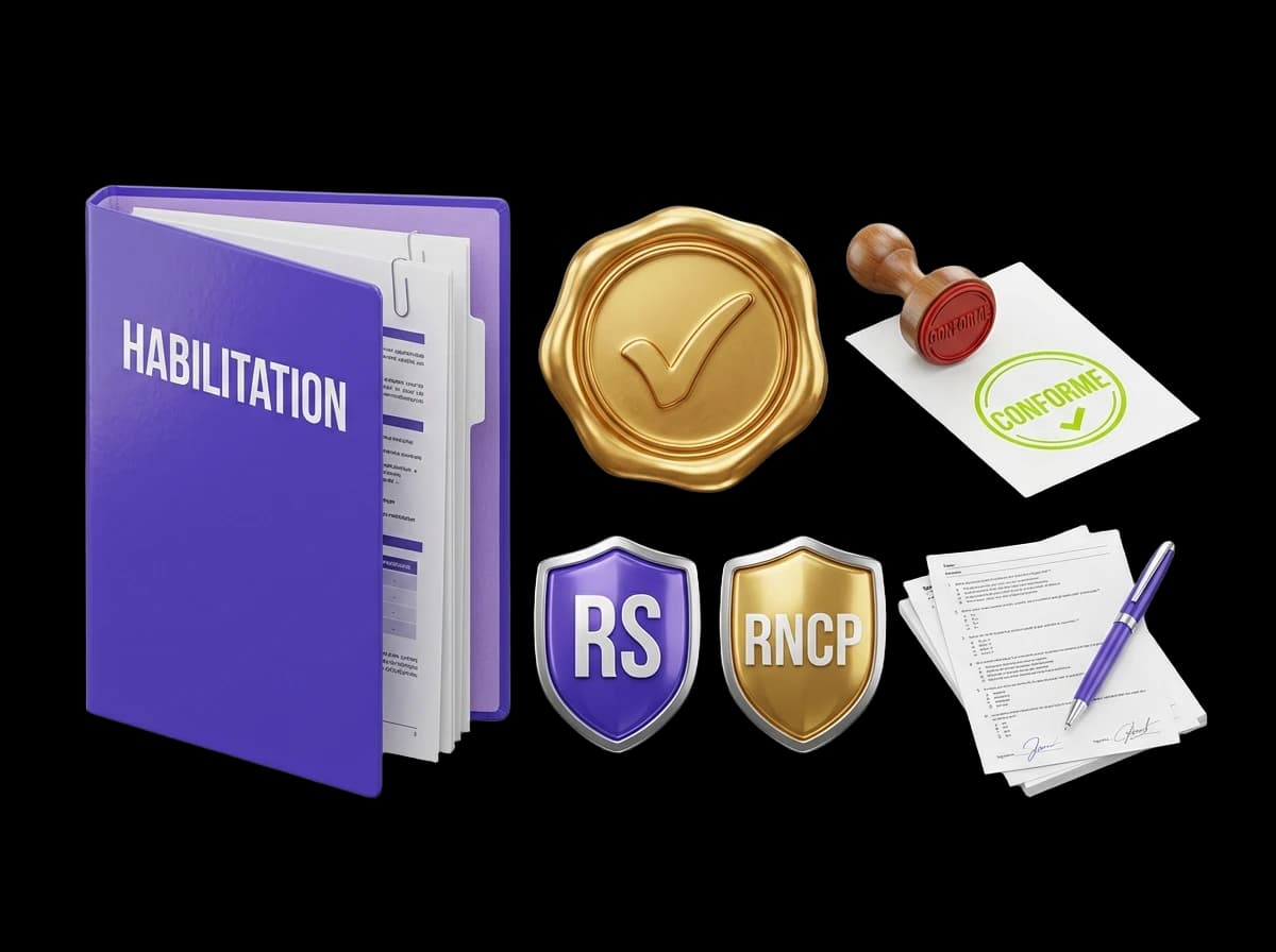 Dossier d'habilitation avec sceau officiel, badges RS et RNCP, tampon CONFORME