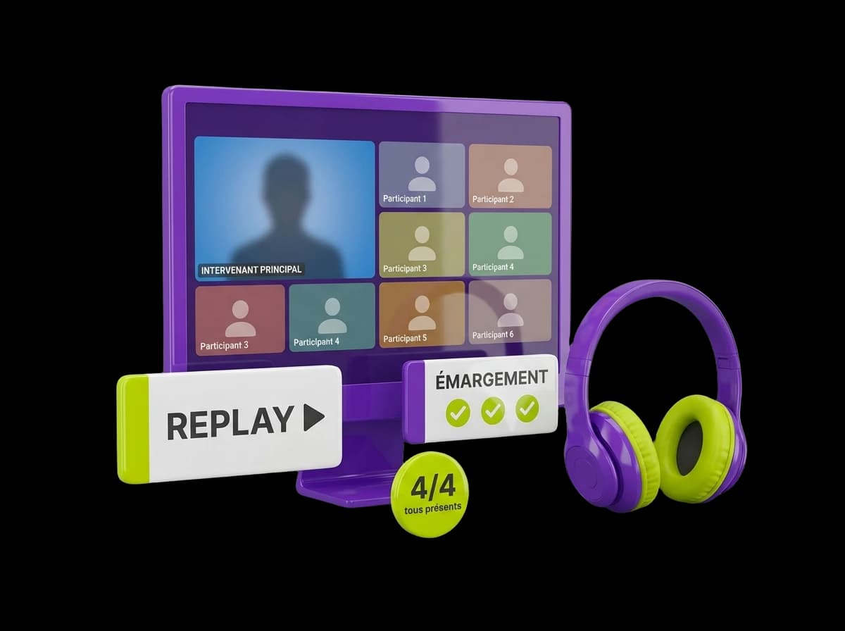 Écran de visioconférence avec participants, casque, badges REPLAY et ÉMARGEMENT