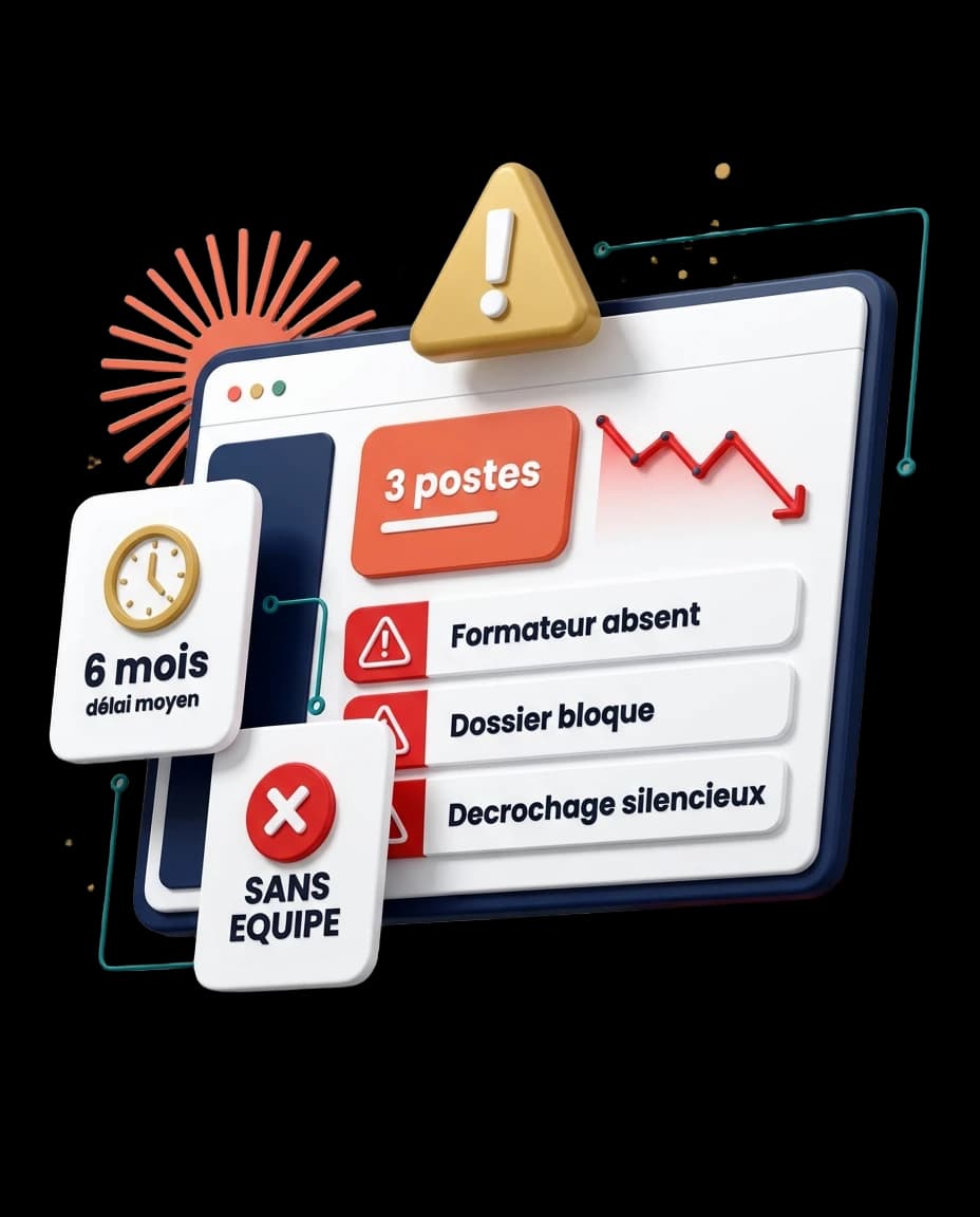 Dashboard montrant recrutement formateur, dossier certification et suivi apprenant en attente