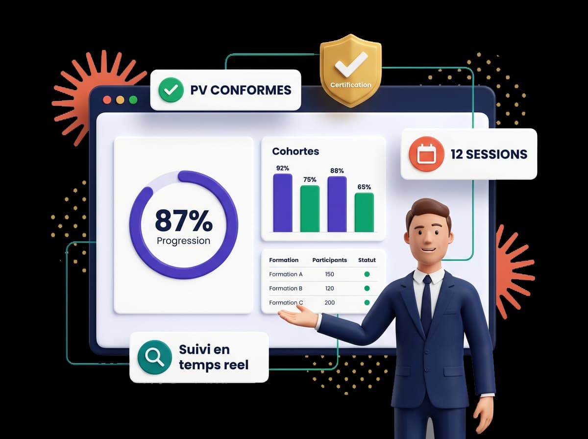 Dashboard certificateur avec progression 87%, cohortes, sessions, PV conformes et suivi en temps réel