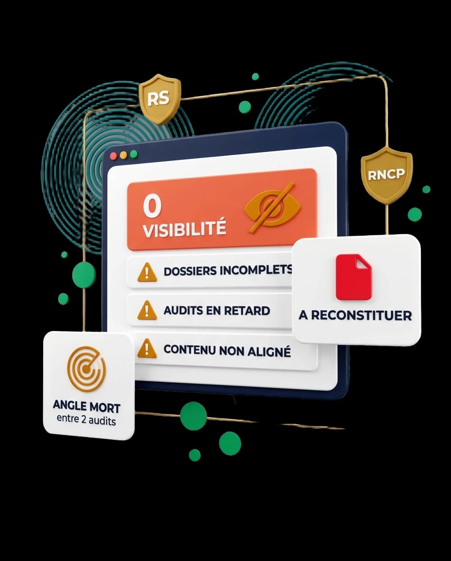 Dashboard certificateur montrant dossiers incomplets, reseau sans visibilite et contenus qui derivent