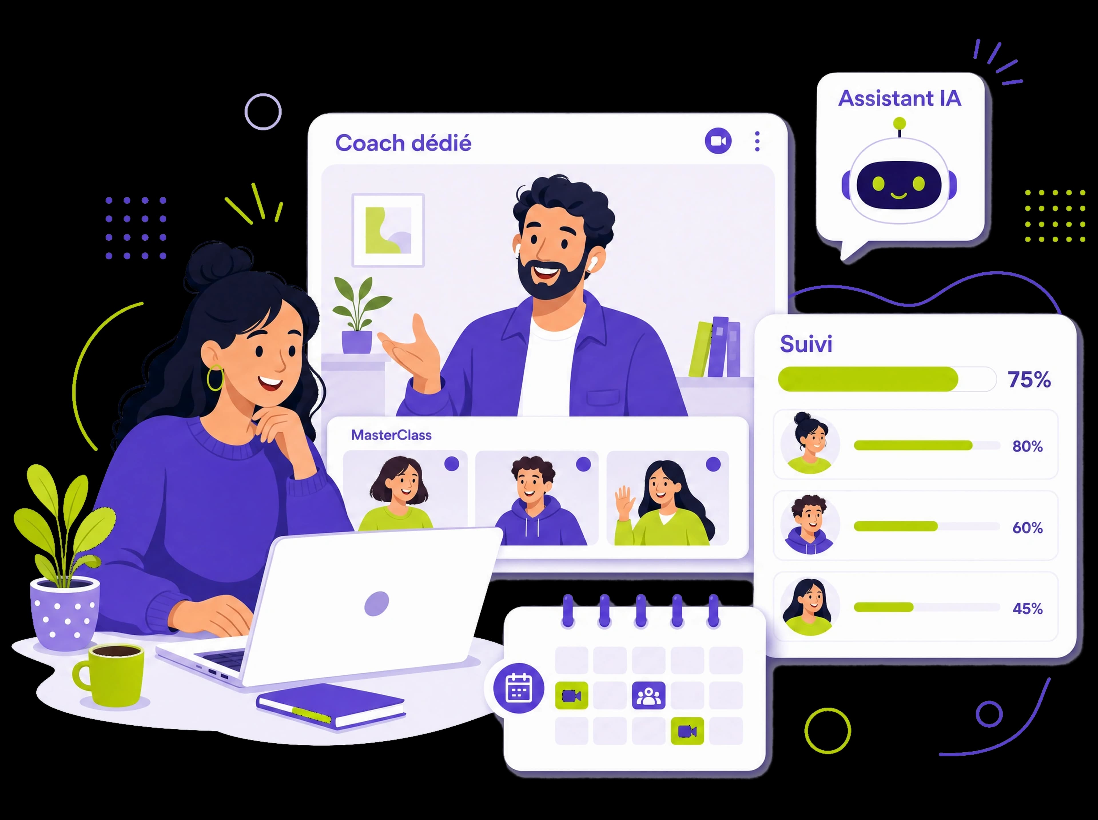 Plateforme de formation SoluSkills : interface apprenant avec formats variés et assistant IA