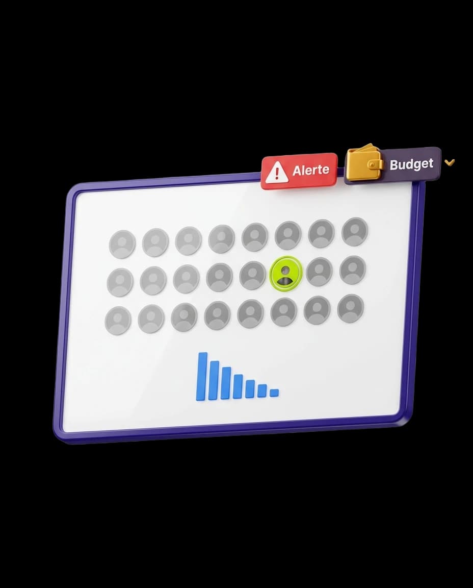 Tableau de bord montrant équipes non formées, budgets formation inutilisés et obligation légale en alerte