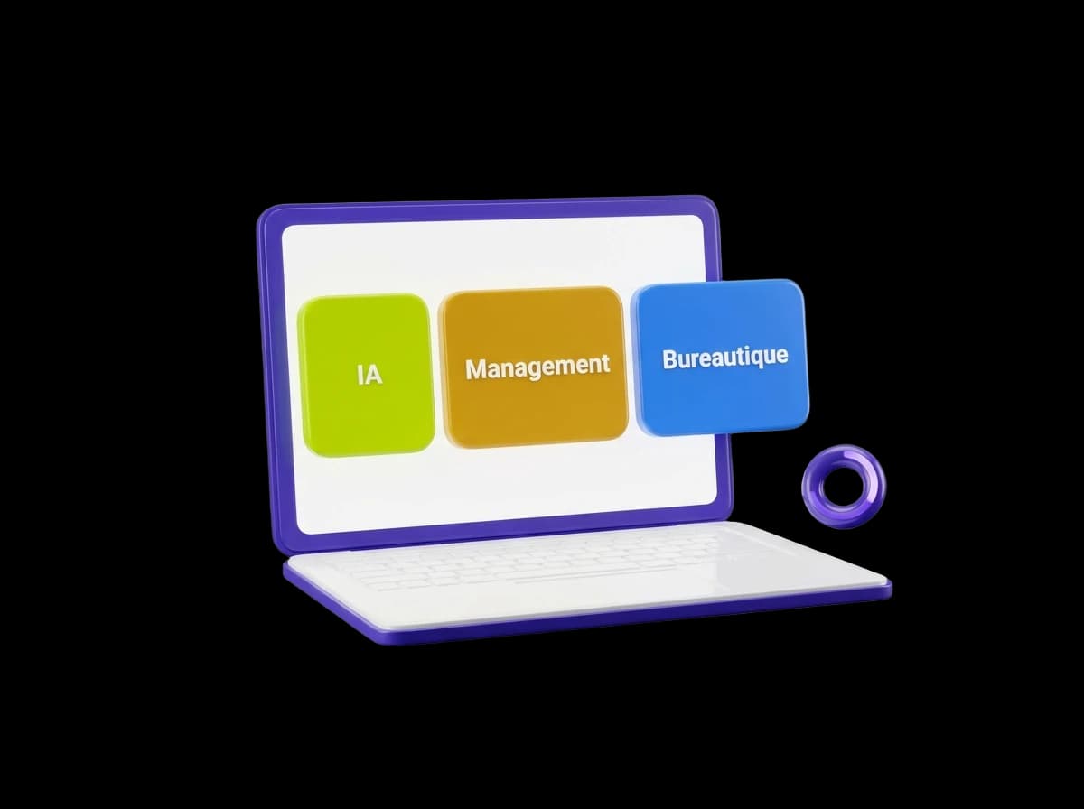 Écran de parcours en ligne avec modules IA, management et métiers du tertiaire