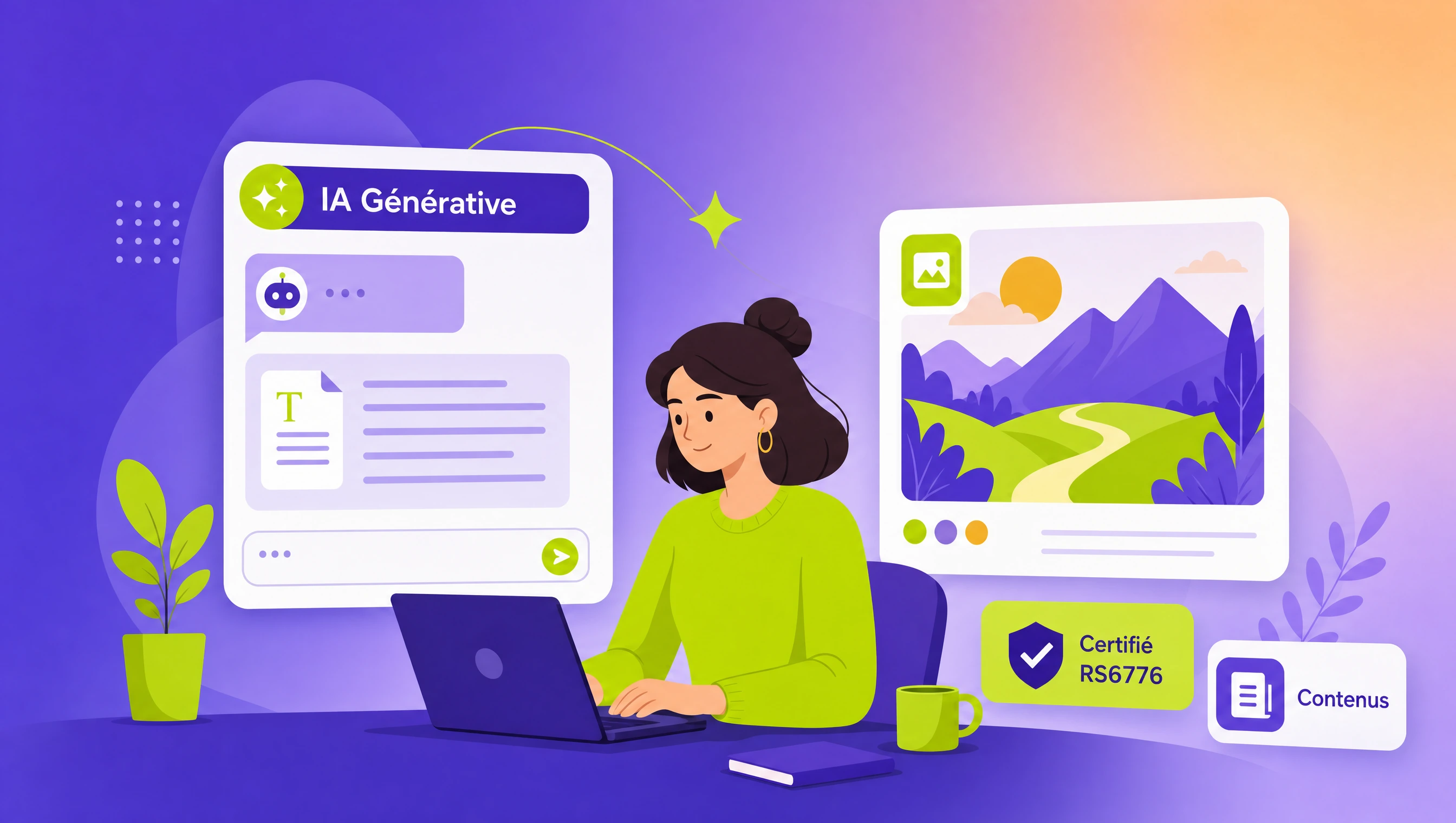 Création de contenus rédactionnels et visuels par l'IA générative, certification RS6776, illustration éditoriale
