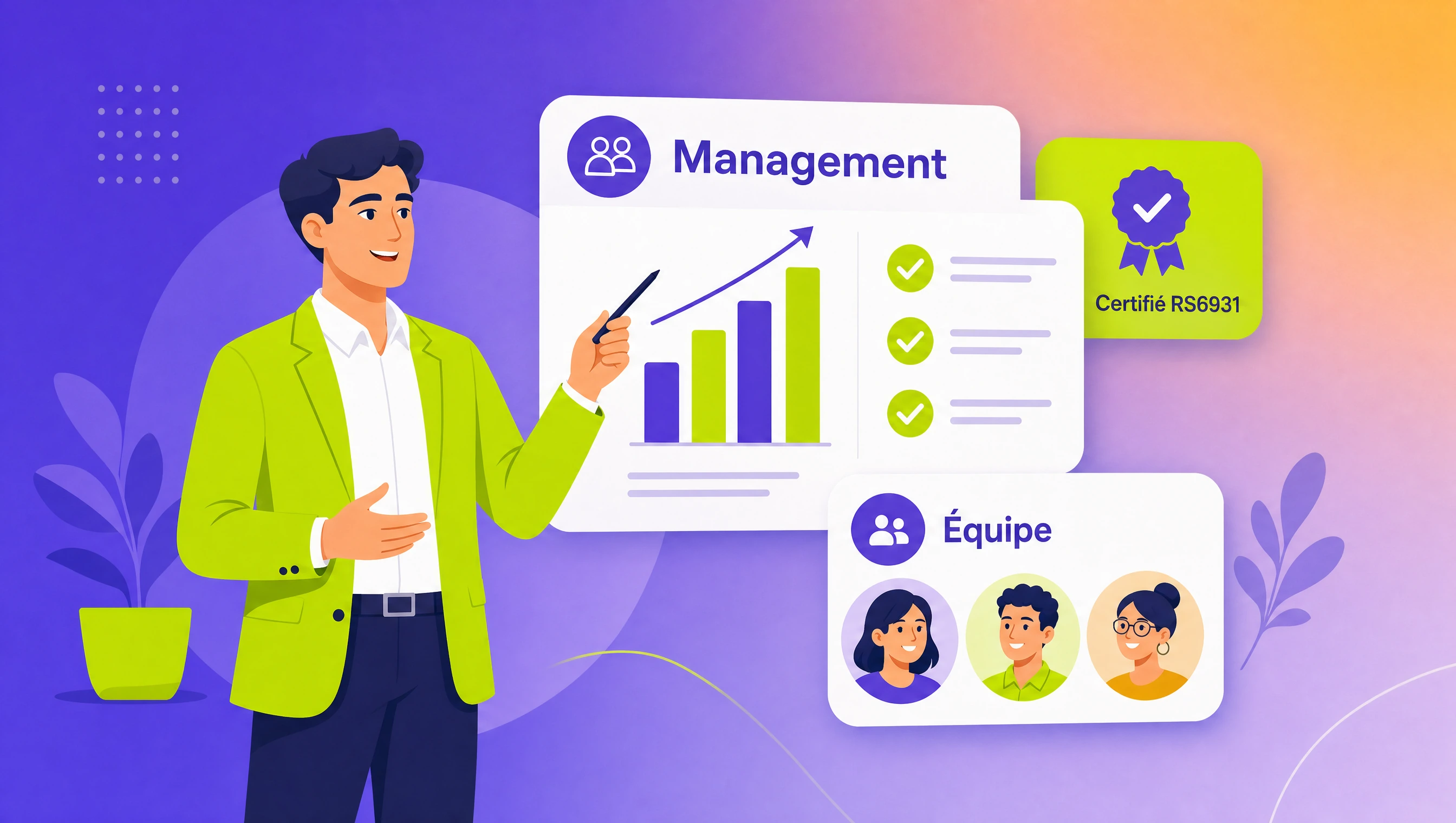 Formation au management d'équipe, du recrutement au pilotage, certification RS6931, illustration éditoriale