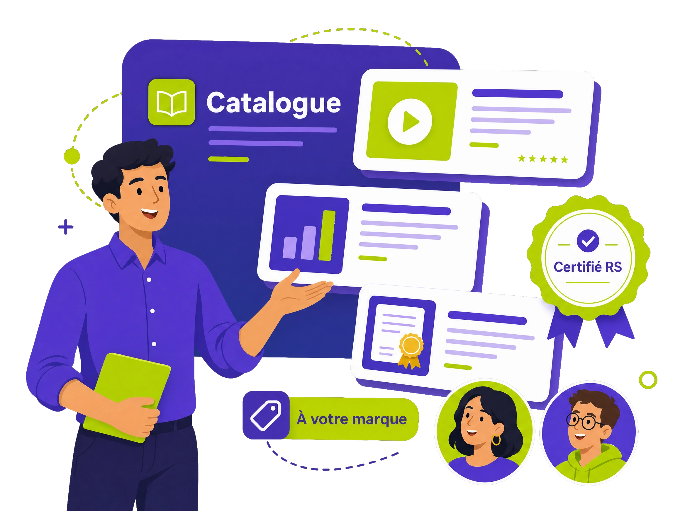 Catalogue de formations certifiantes SoluSkills, à déployer pour ses équipes ou à louer pour son catalogue, illustration éditoriale