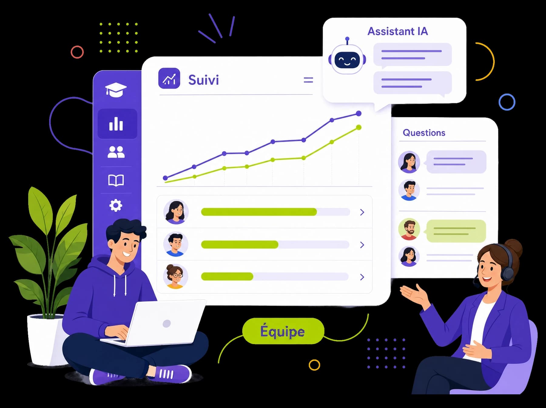 Expérience apprenant : formats variés, assistant IA intégré, espace d'échange et suivi de progression