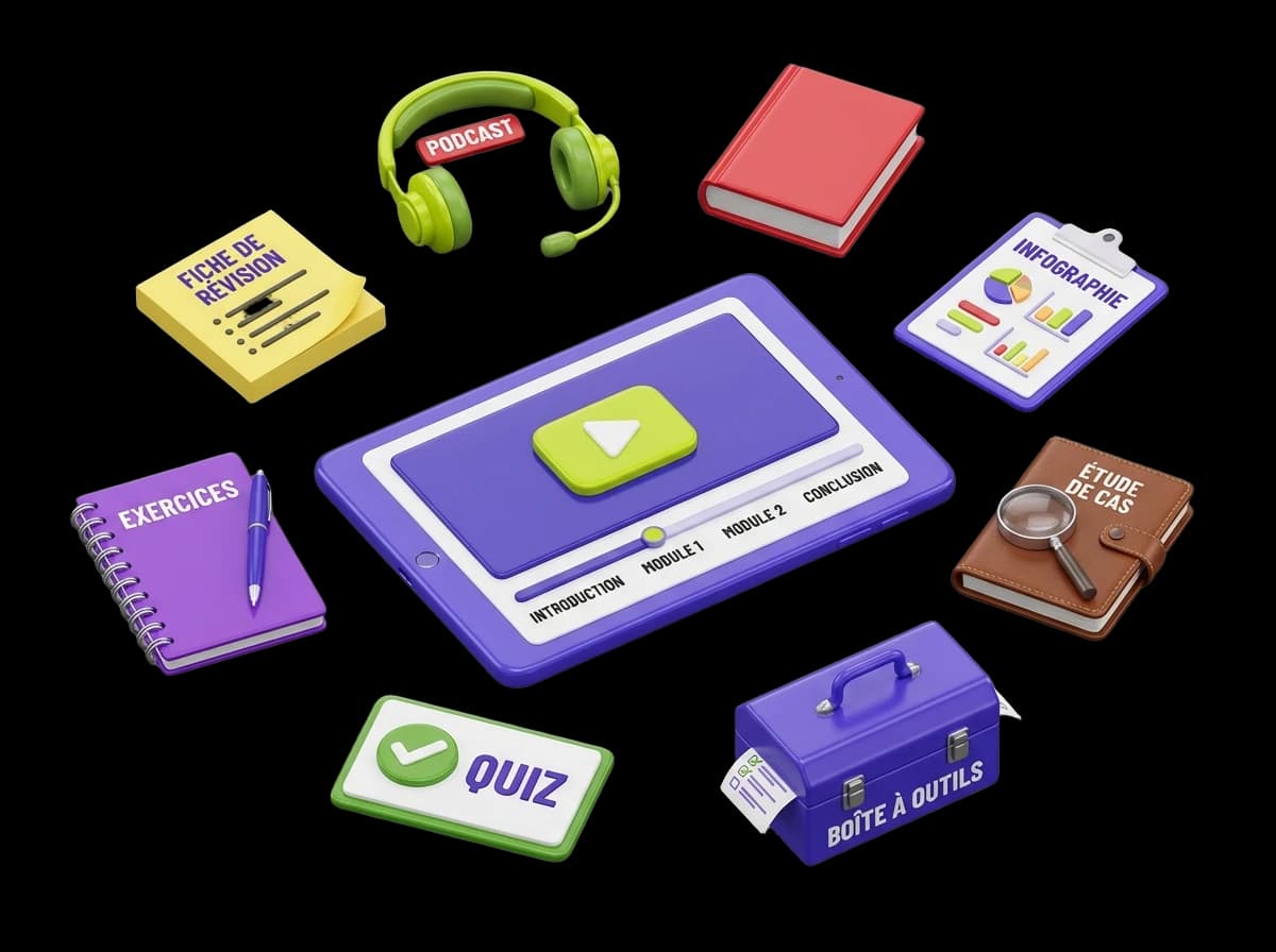 Écran parcours multi-format avec vidéo, quiz, podcast et infographie