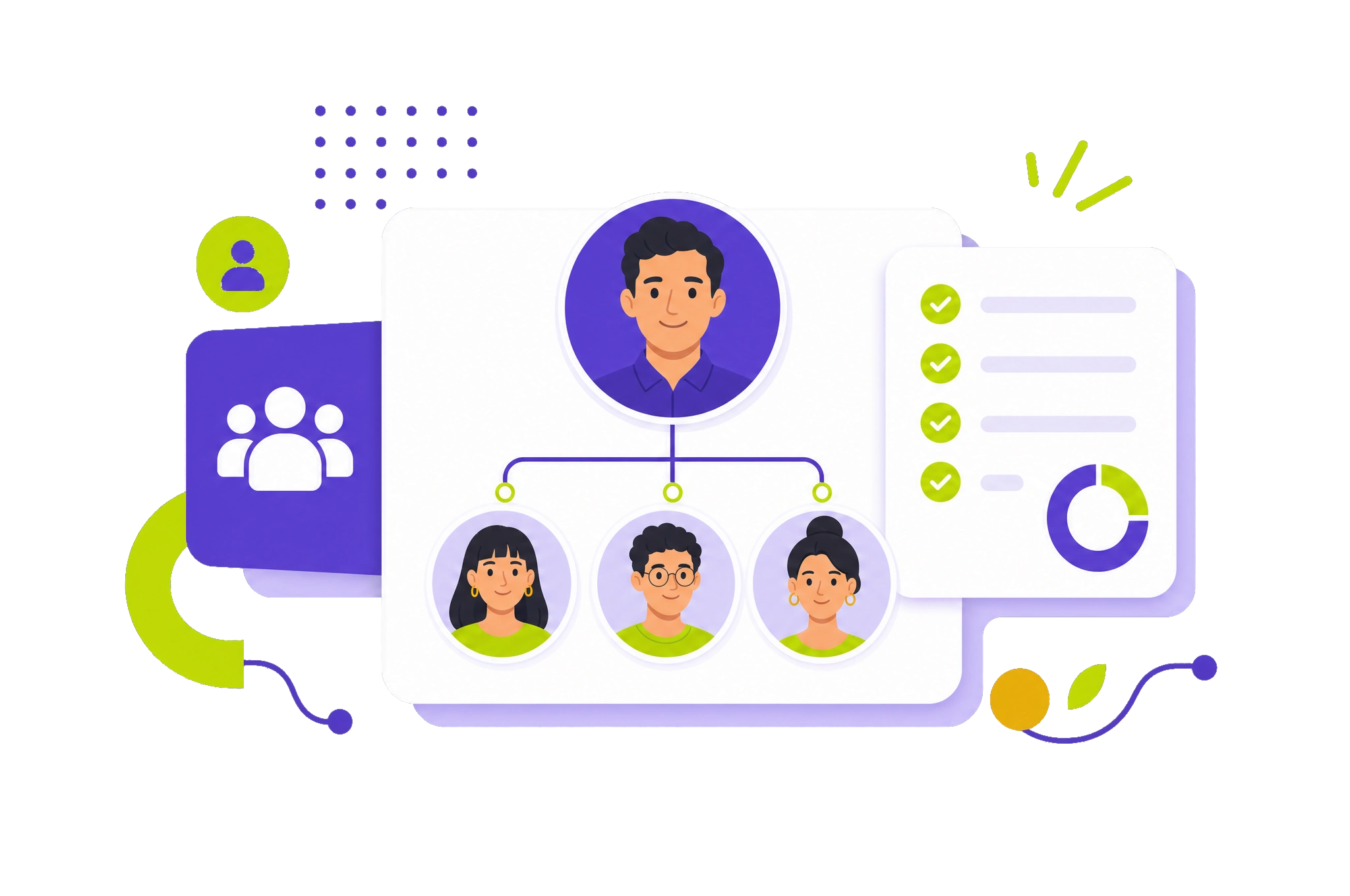 Illustration de la formation management : leader et équipe connectés, suivi de la progression