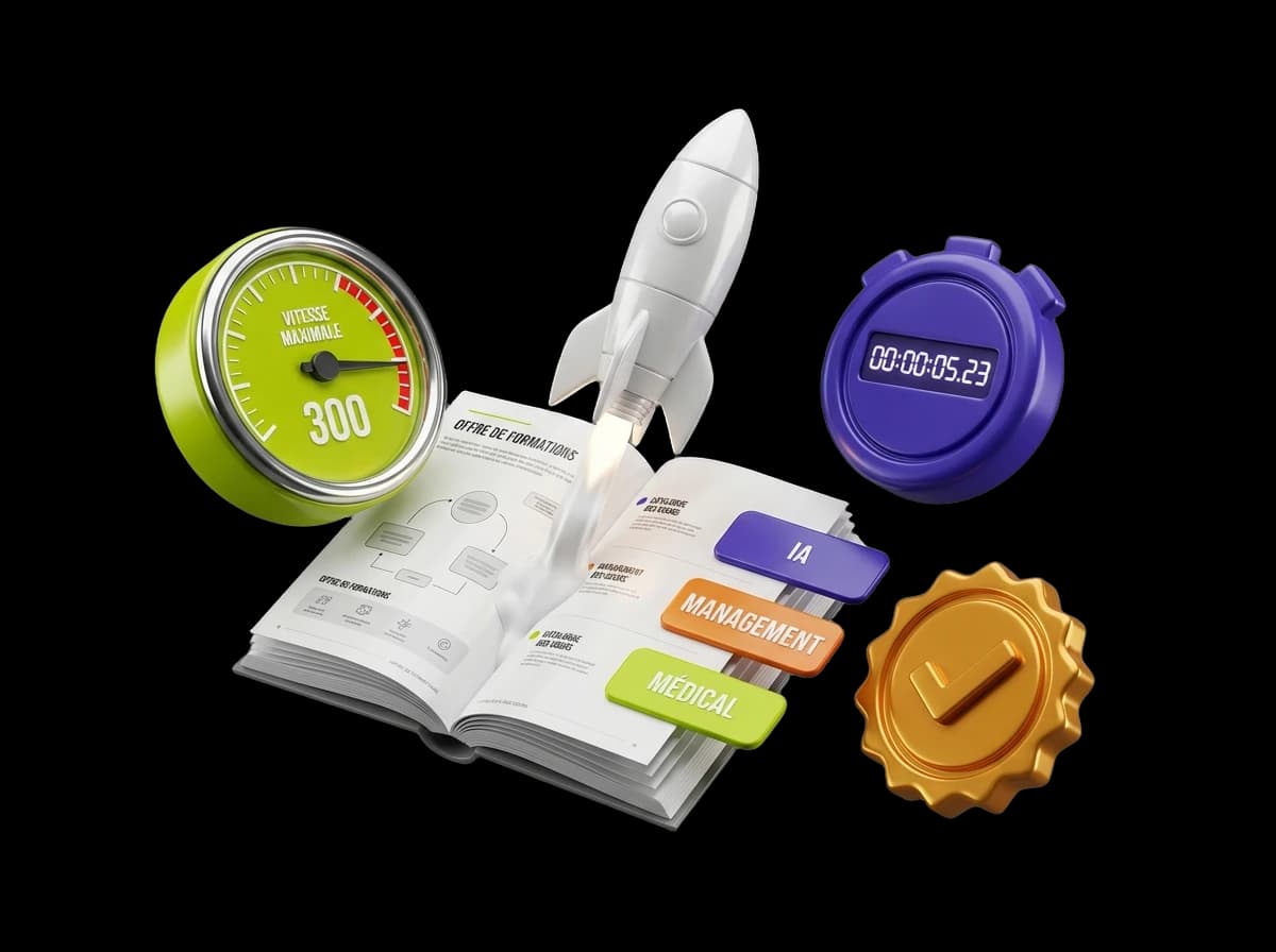 Catalogue ouvert sur les formations IA, Management et Médical avec fusée et chronomètre