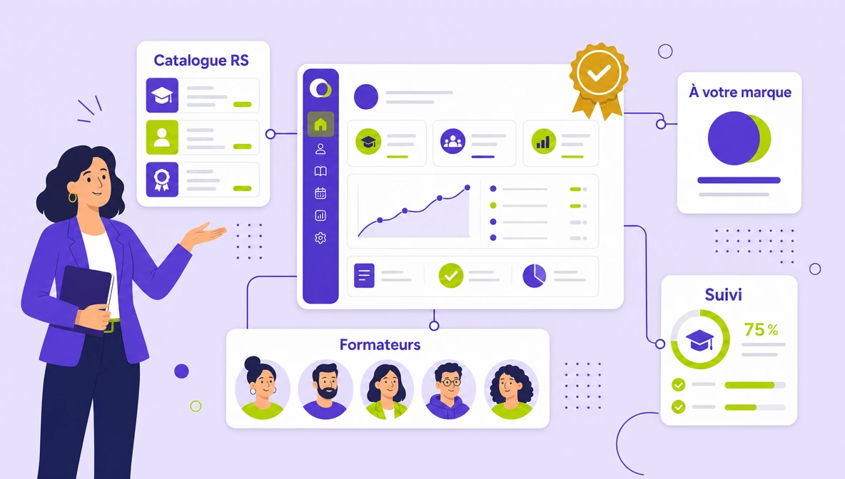Écosystème pédagogique SoluSkills clé en main : catalogue certifiant RS, formateurs, plateforme de suivi et marque personnalisée, déjà connectés