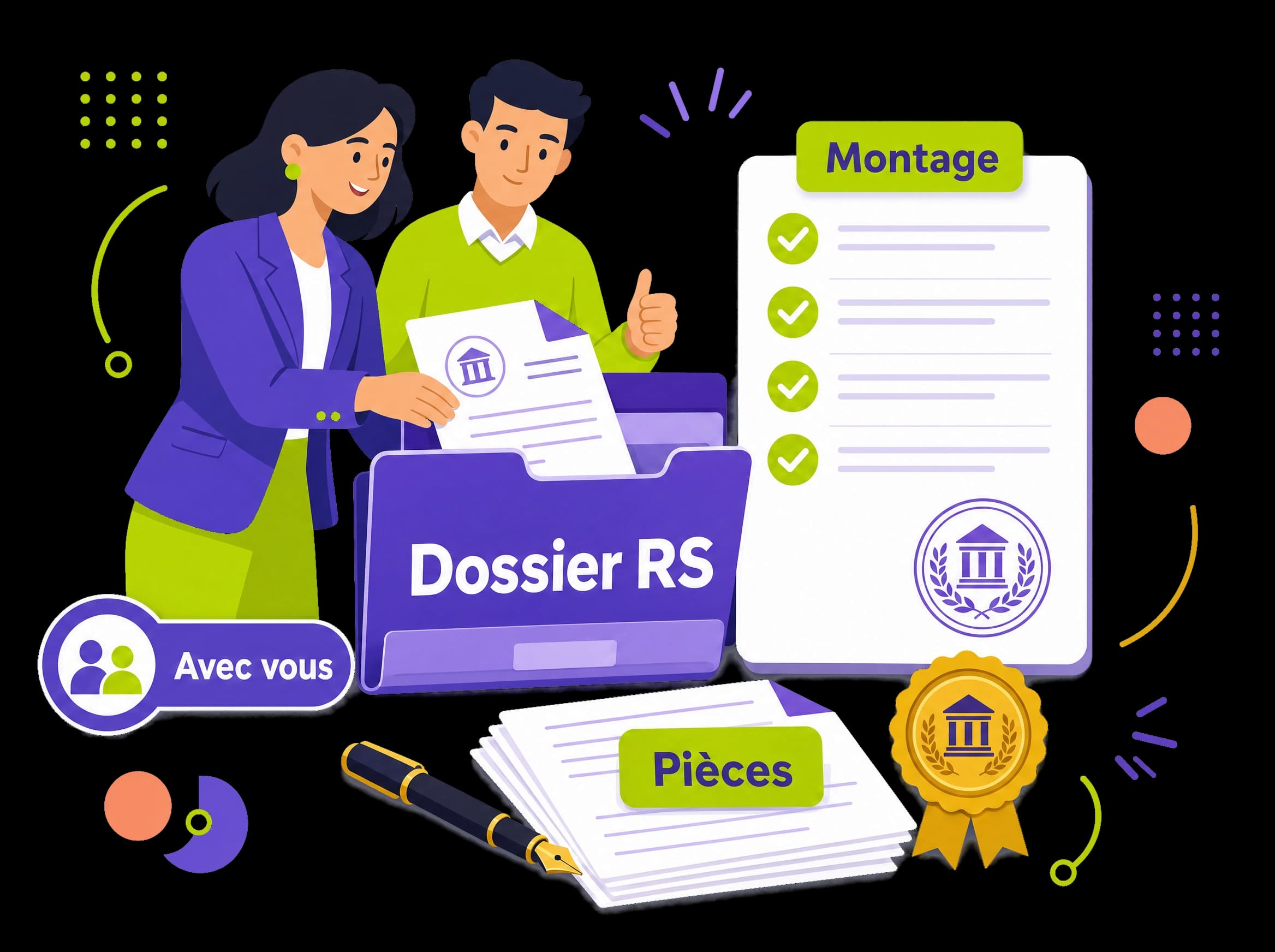 Dossier d'habilitation RS en cours de montage : chemise étiquetée, pièces justificatives, checklist cochée et stylo, illustration éditoriale