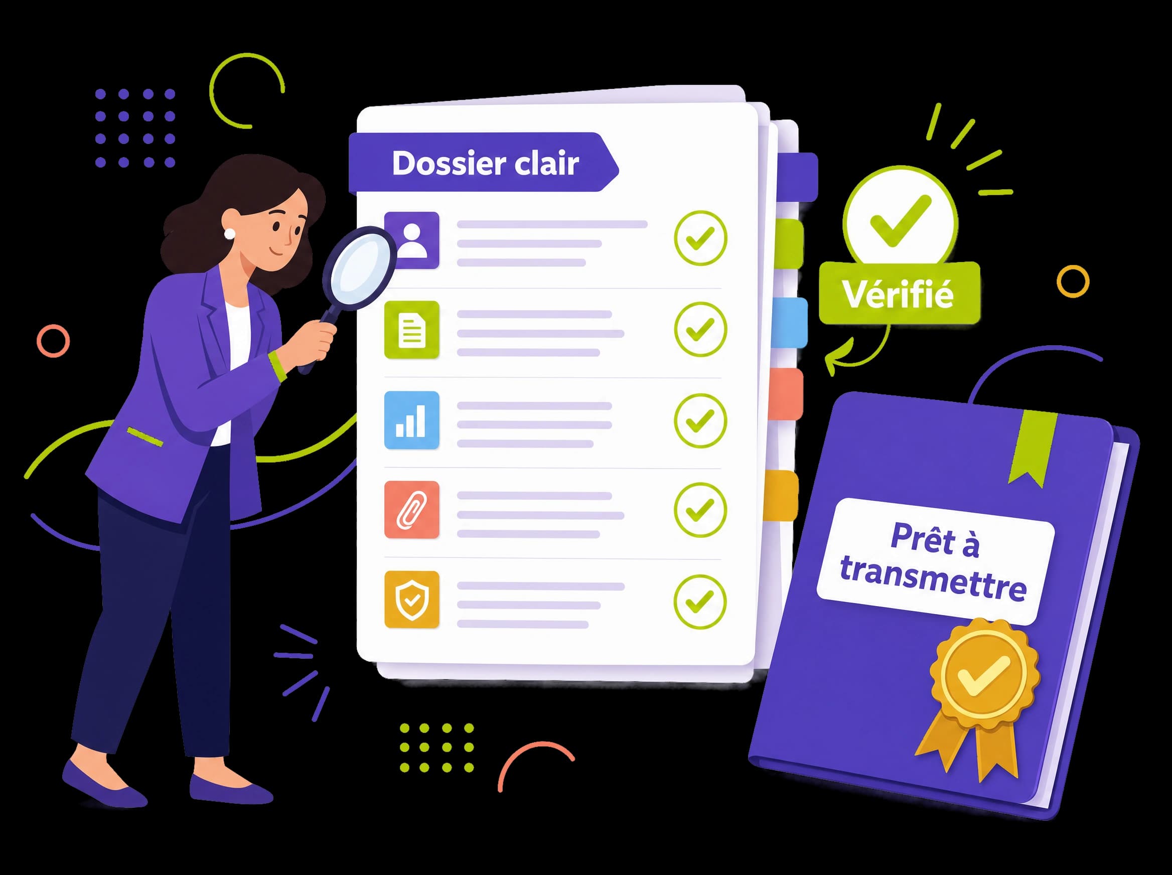 Dossier d'habilitation clair et complet, vérifié pièce par pièce et prêt à être transmis, illustration éditoriale
