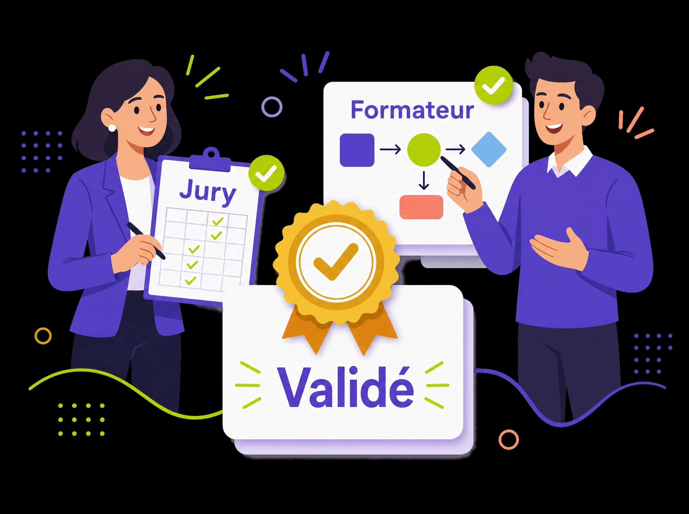 Un jury et un formateur portant un badge validé par le certificateur, prêts pour les sessions, illustration éditoriale