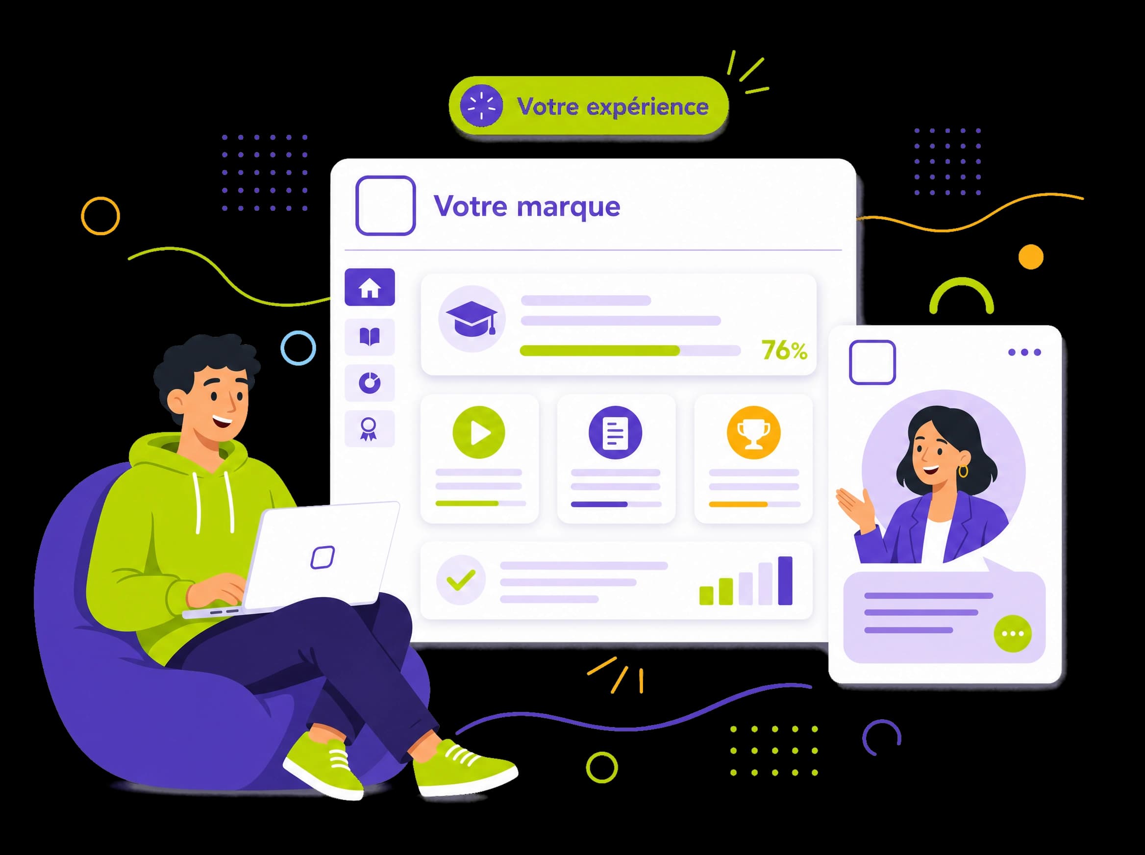 Apprenant accompagné dans l'univers de marque de l'organisme, SoluSkills invisible, illustration éditoriale