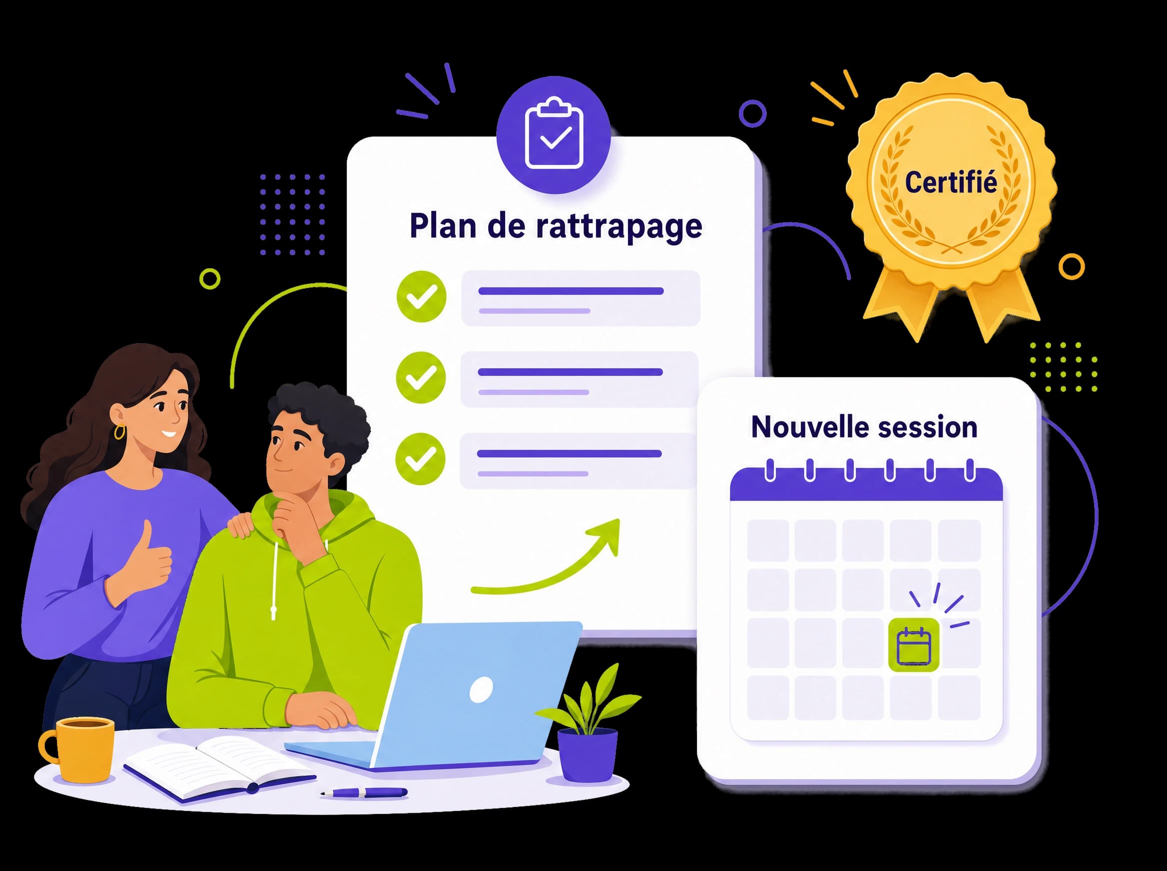 Plan de rattrapage et nouvelle session programmée après un examen échoué, cap sur la certification, illustration éditoriale