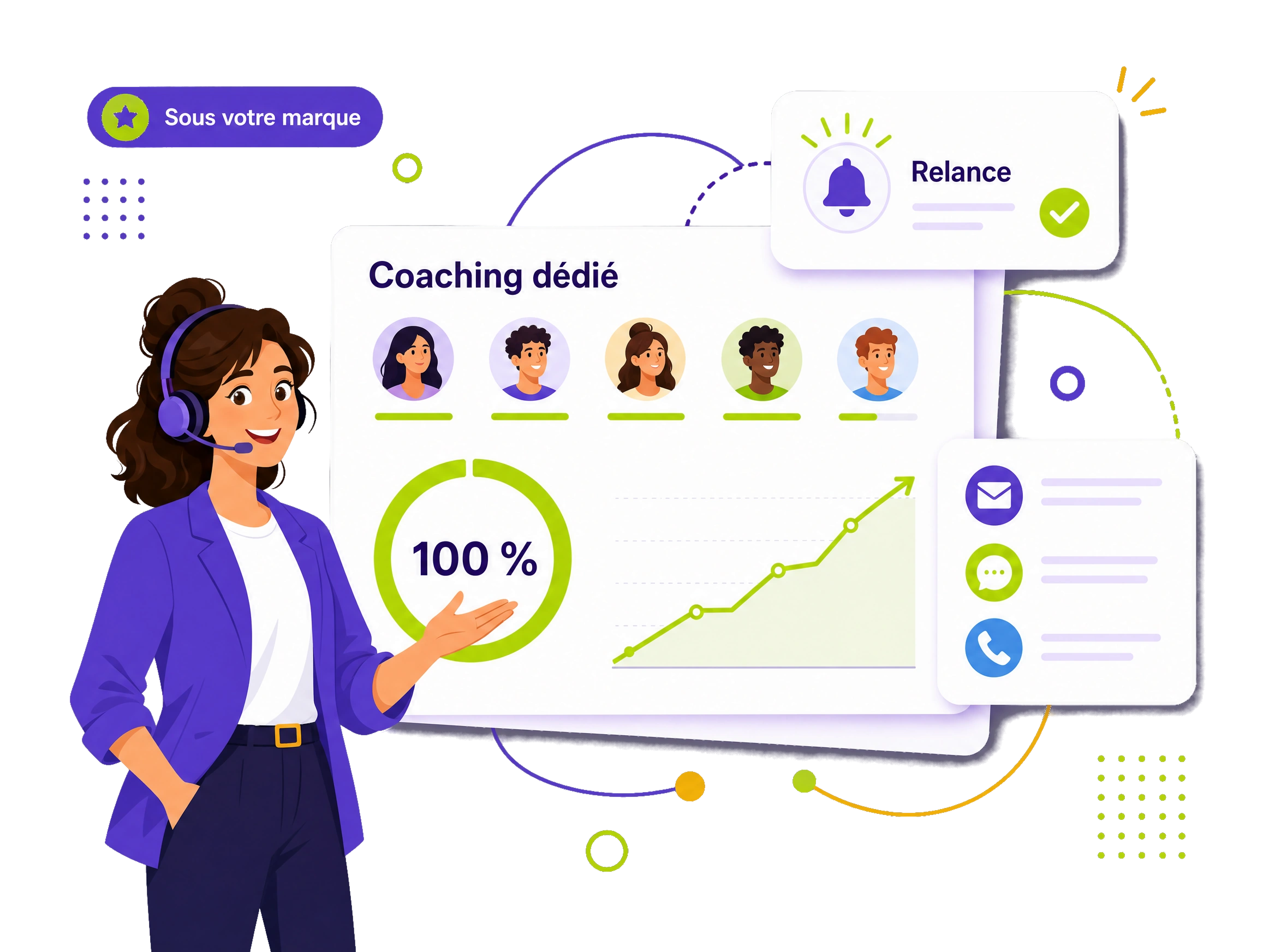 Coach dédié qui accompagne un apprenant avec relances multicanal et progression à 100 %, illustration éditoriale