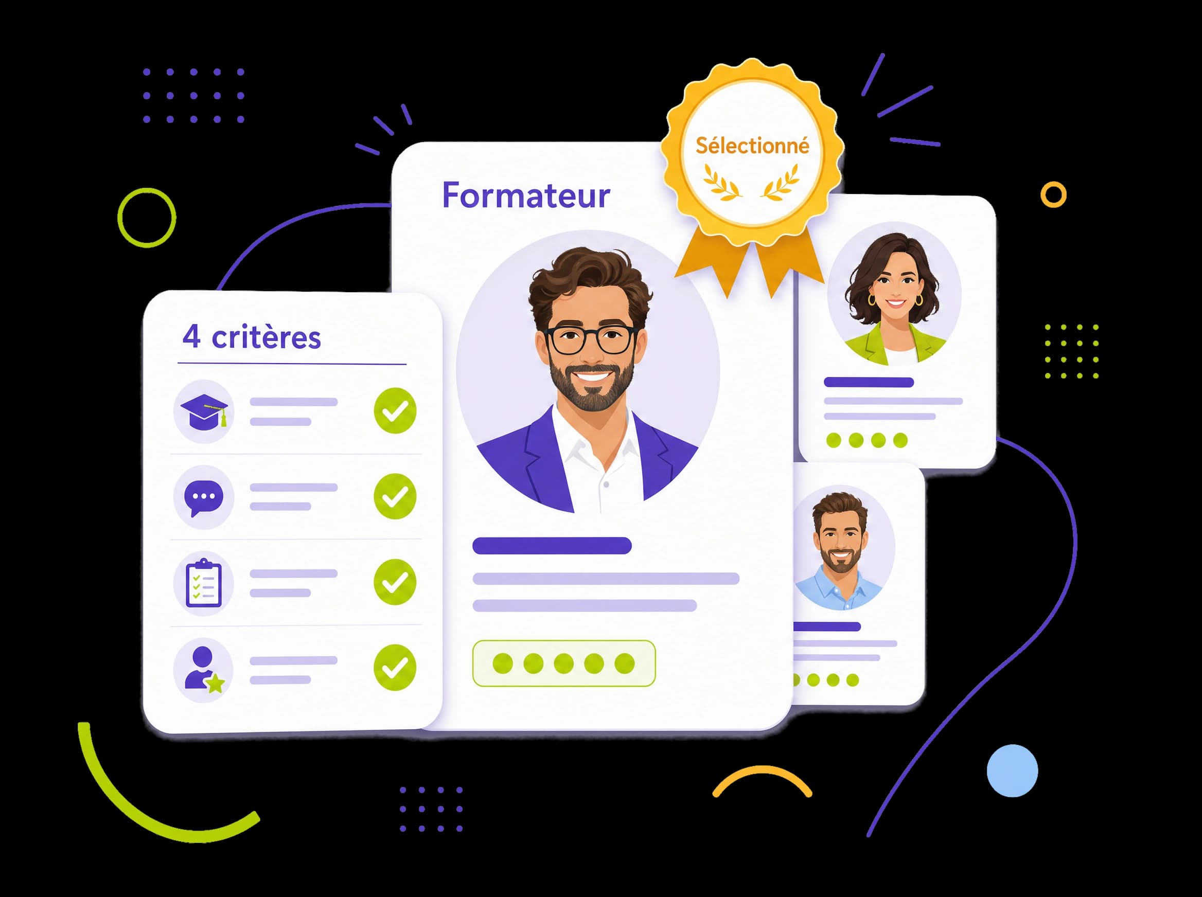 Profils de formateurs experts évalués sur quatre critères, avec badge de sélection, illustration éditoriale