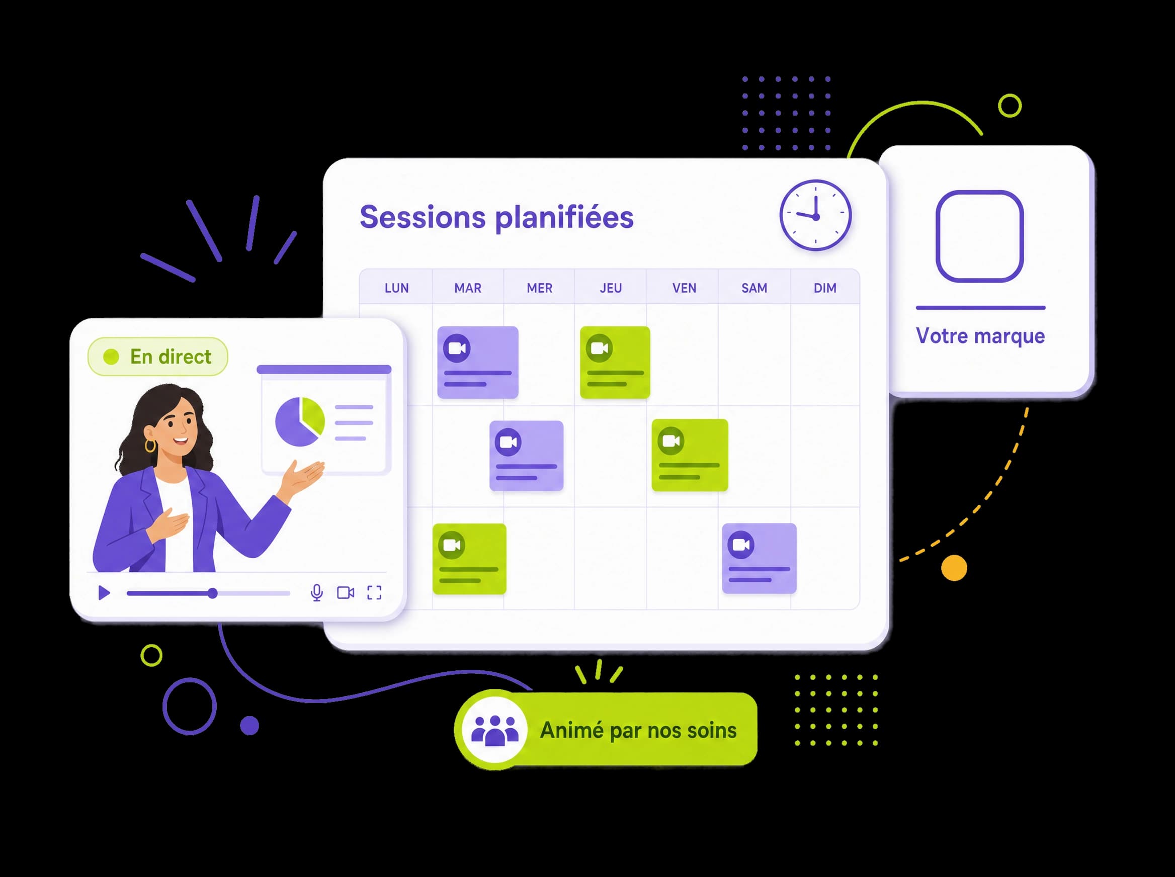 Sessions de classe live planifiées dans un calendrier et animées par SoluSkills, sous la marque du client, illustration éditoriale
