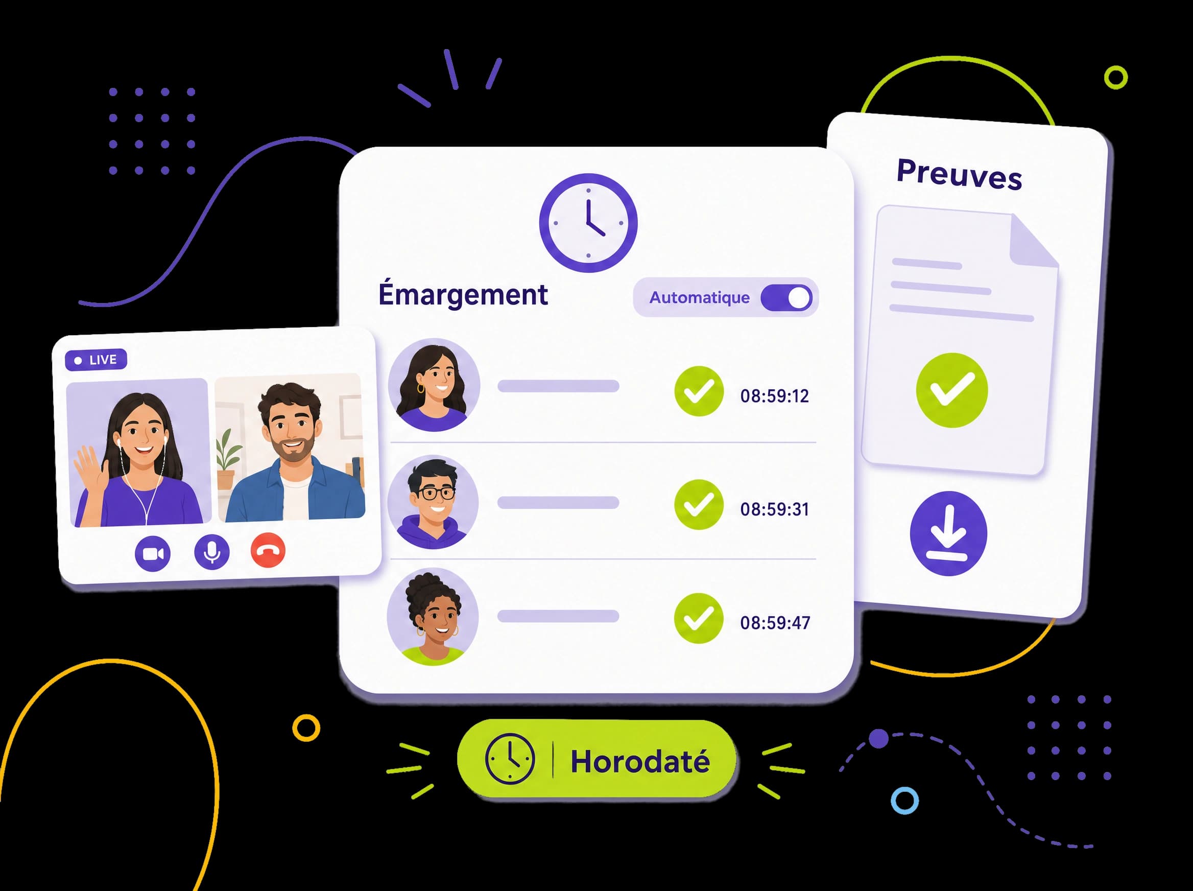 Émargement automatique et horodaté avant une session live, avec preuves d'assiduité, illustration éditoriale