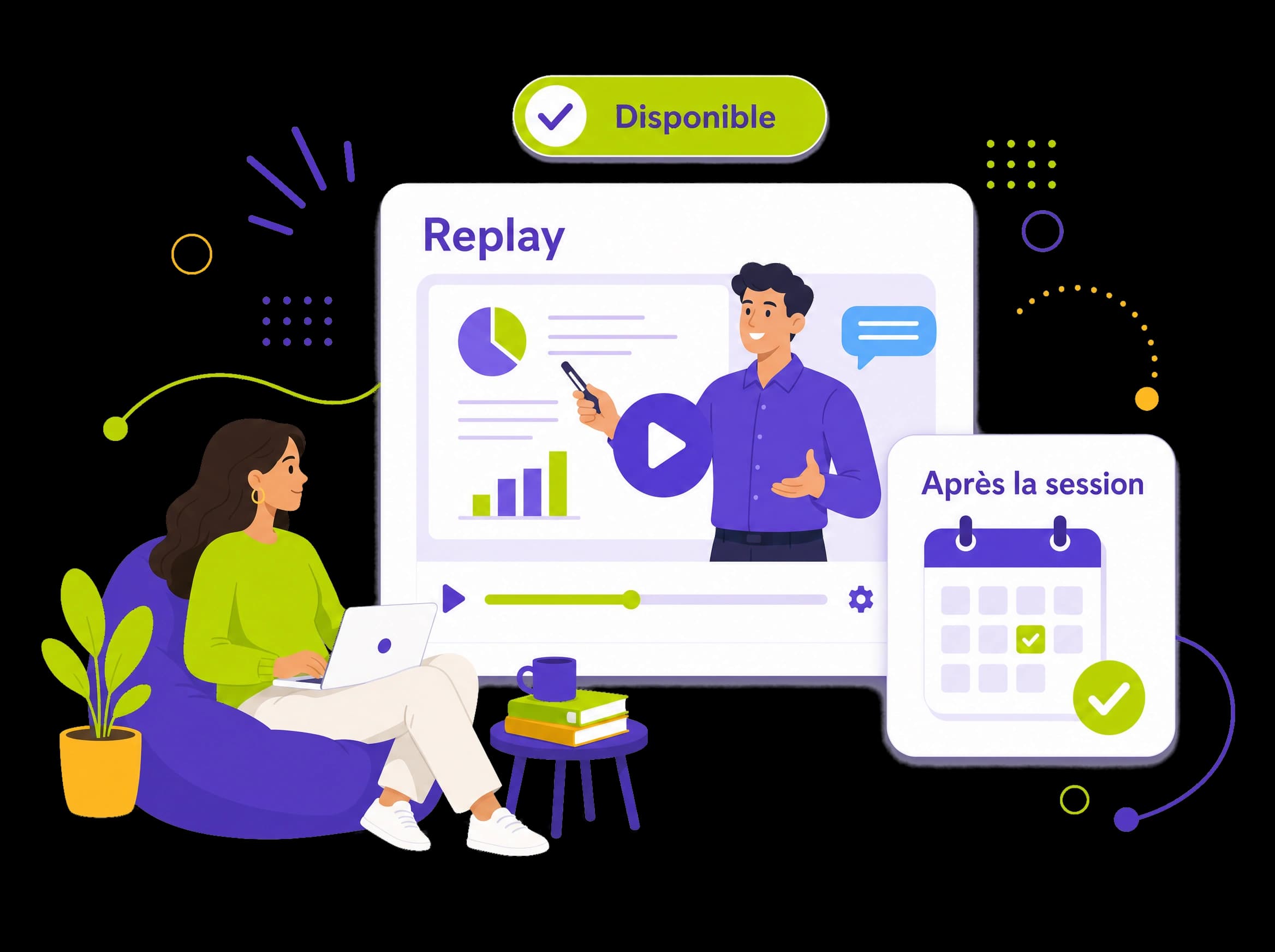 Replay d'une session live disponible après coup pour réviser ou rattraper une absence, illustration éditoriale