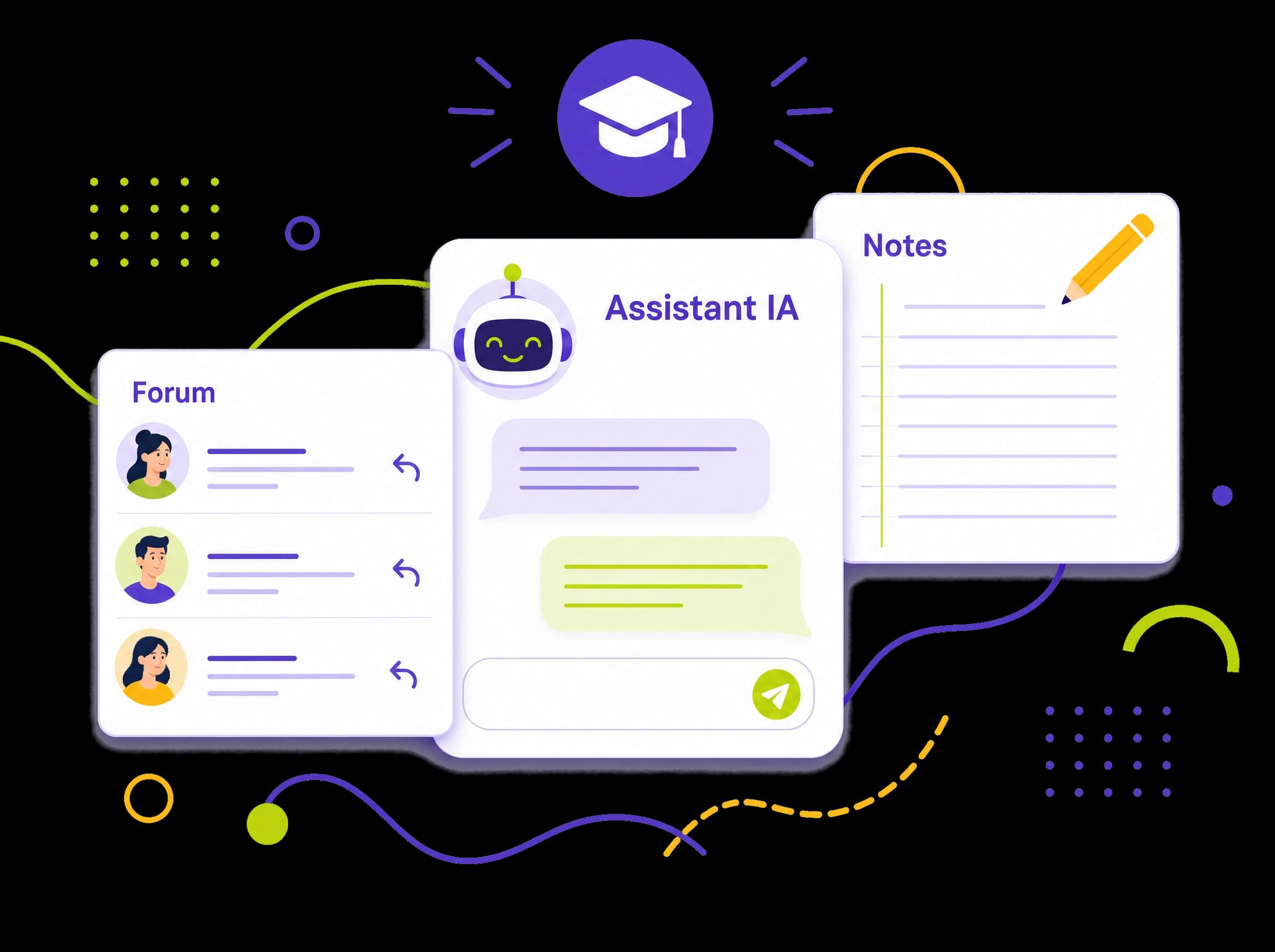 Assistant IA, forum de discussion et prise de notes intégrés au lecteur de cours, illustration éditoriale