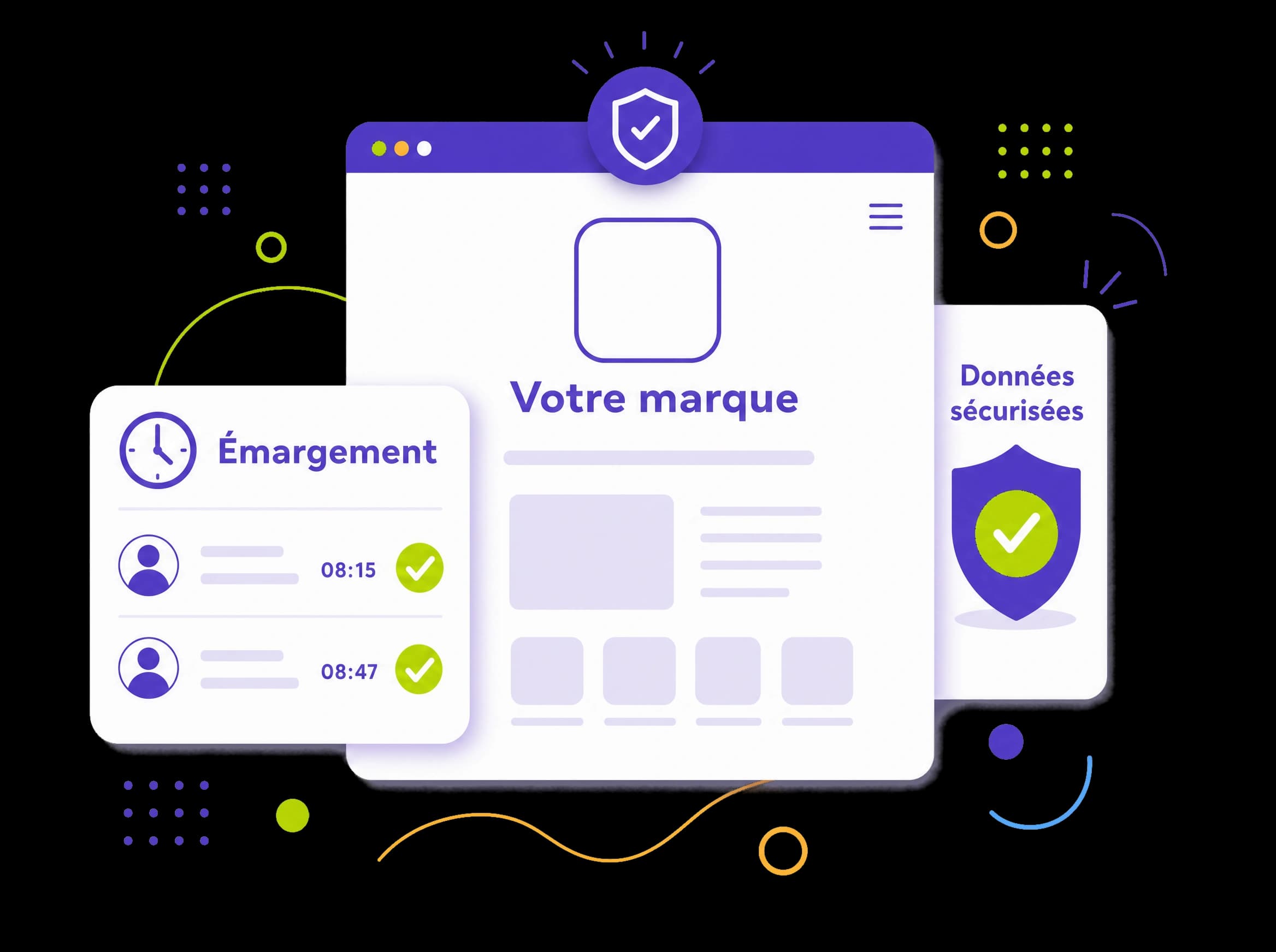 Expérience à la marque du client (logo), émargement horodaté et données de suivi isolées et sécurisées, illustration éditoriale
