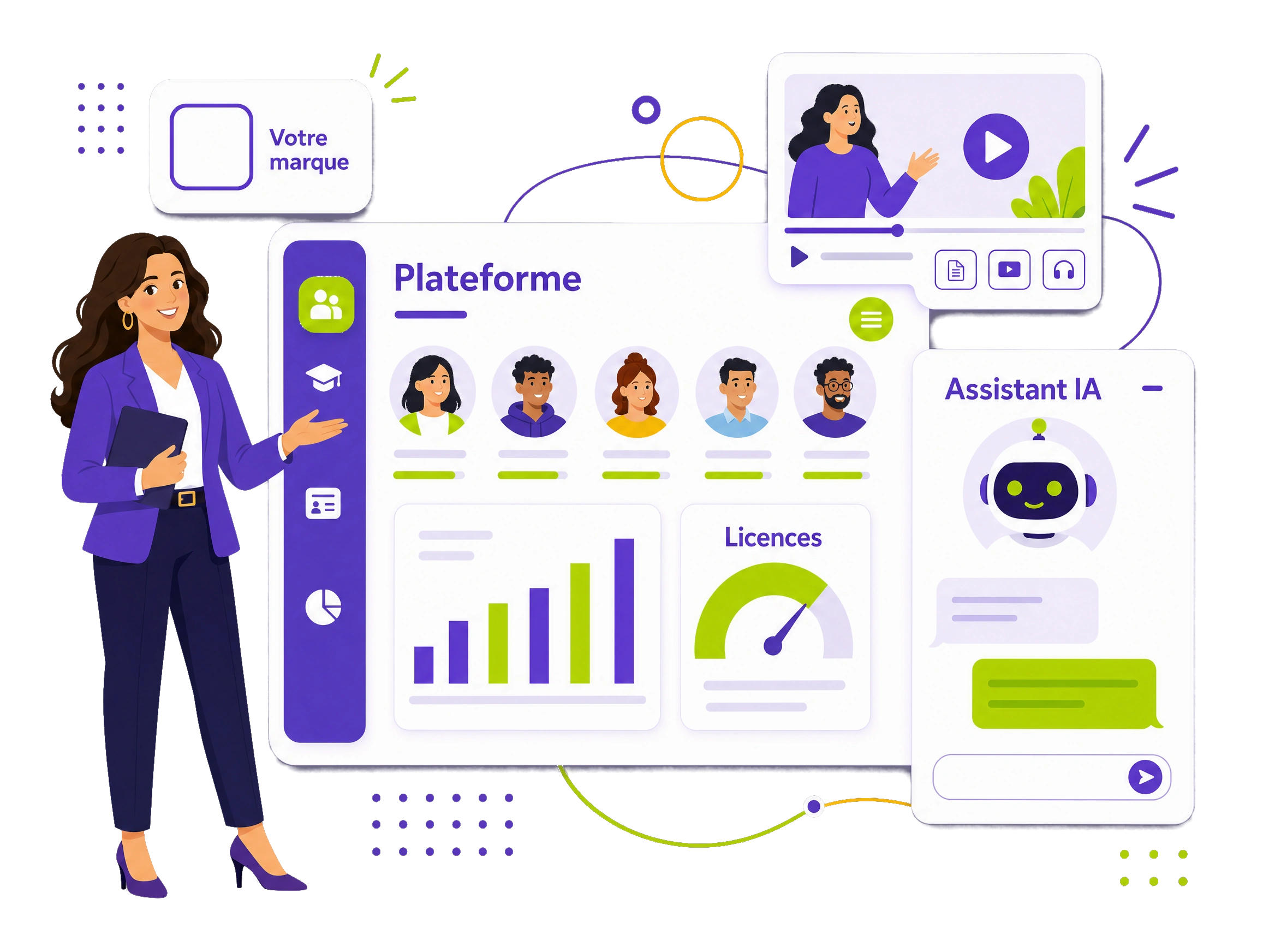 Plateforme de pilotage SoluSkills : apprenants, formations, licences, lecteur de cours et assistant IA, illustration éditoriale
