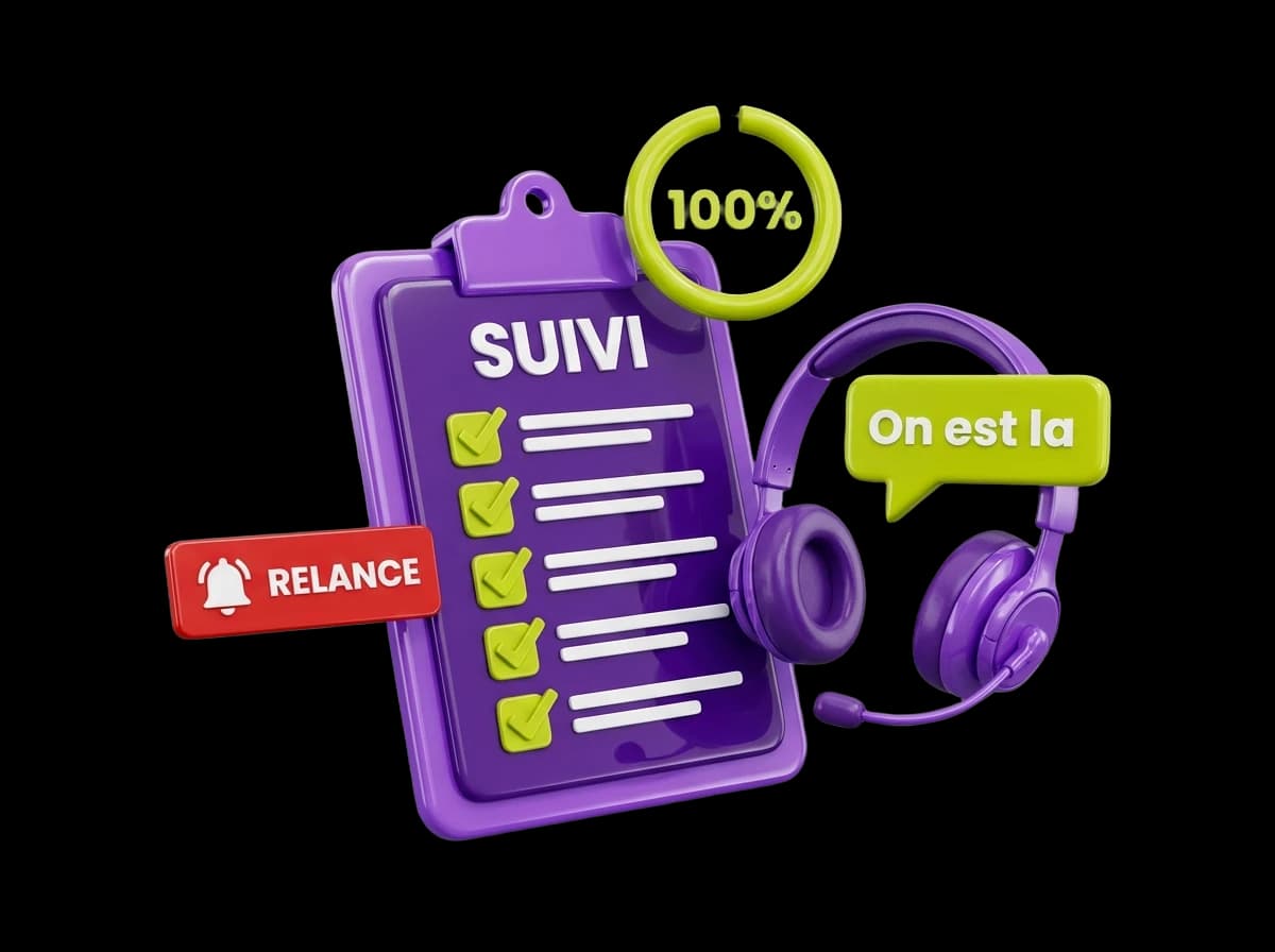 Clipboard de suivi apprenant avec casque, progression 100%, alerte relance