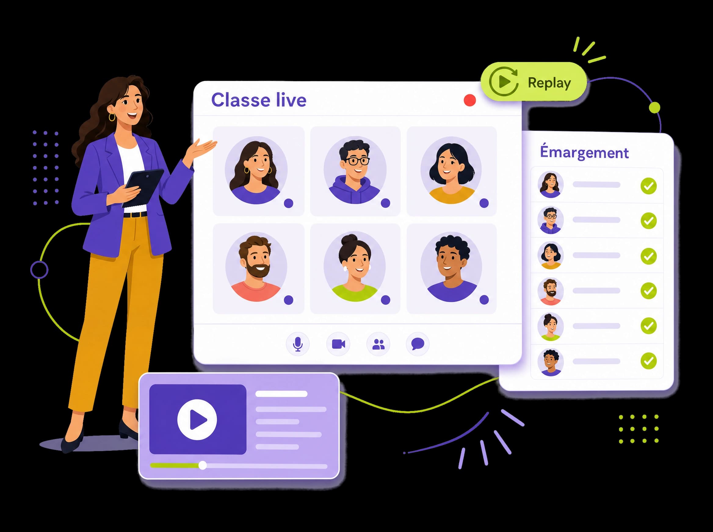 Classe live en visioconférence avec un formateur et des apprenants qui échangent, illustration éditoriale