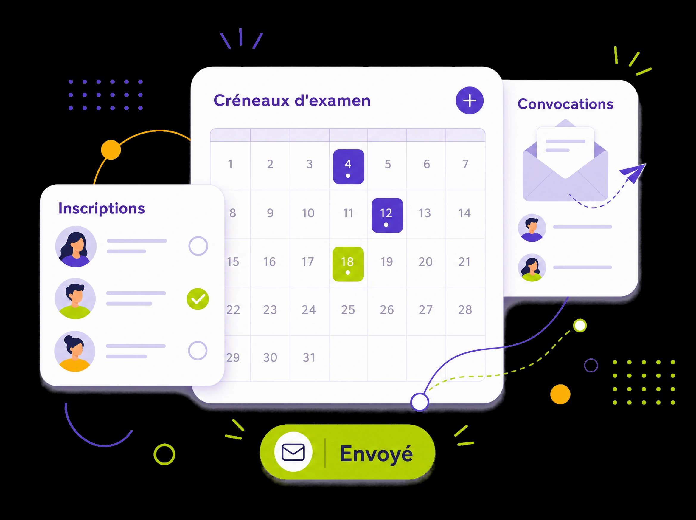 Calendrier de créneaux d'examen ouverts, liste d'apprenants inscrits et convocations envoyées par email, illustration éditoriale
