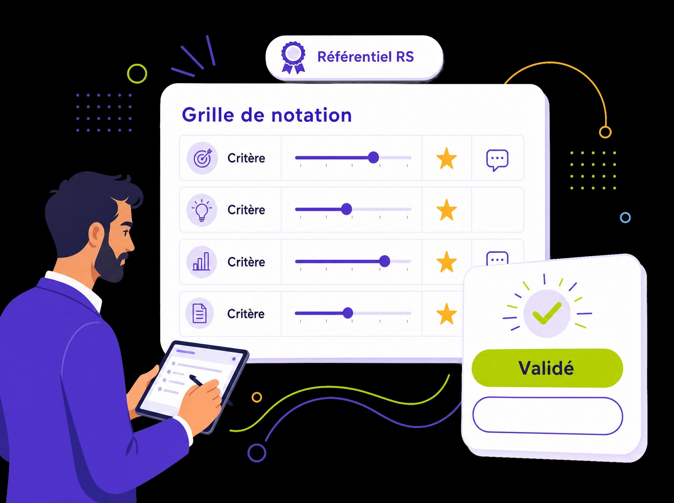 Jury qui note un examen en ligne sur une grille de critères digitalisée, avec score et décision validé ou recalé, illustration éditoriale