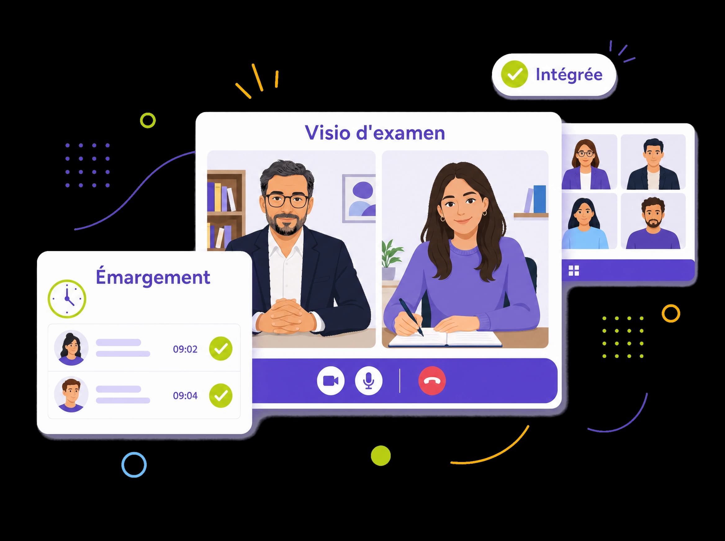 Fenêtre de visioconférence d'examen intégrée à la plateforme, avec jury, apprenant et émargement horodaté, illustration éditoriale