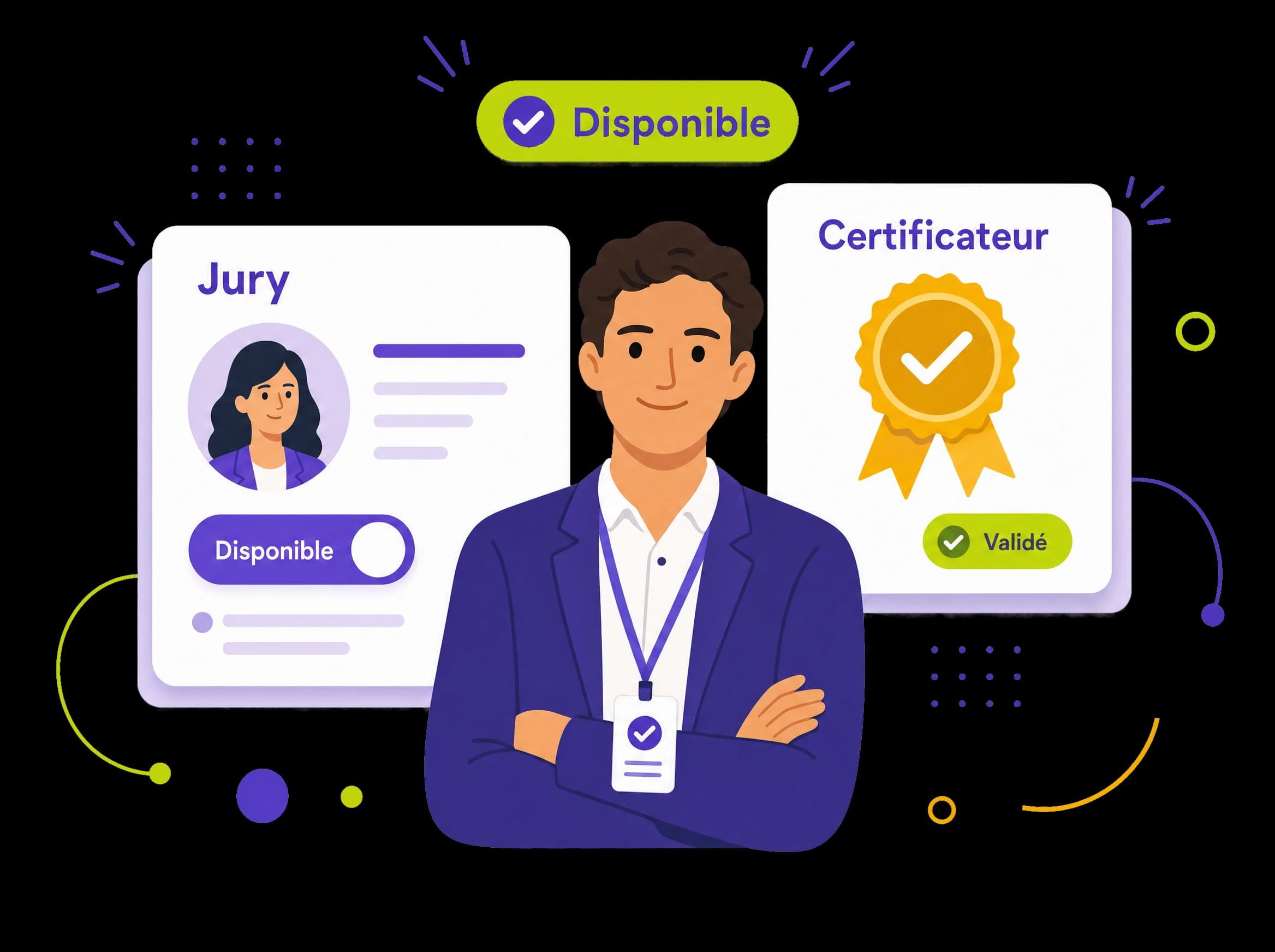 Un jury portant un badge validé par le certificateur, mis à disposition pour les sessions d'examen, illustration éditoriale